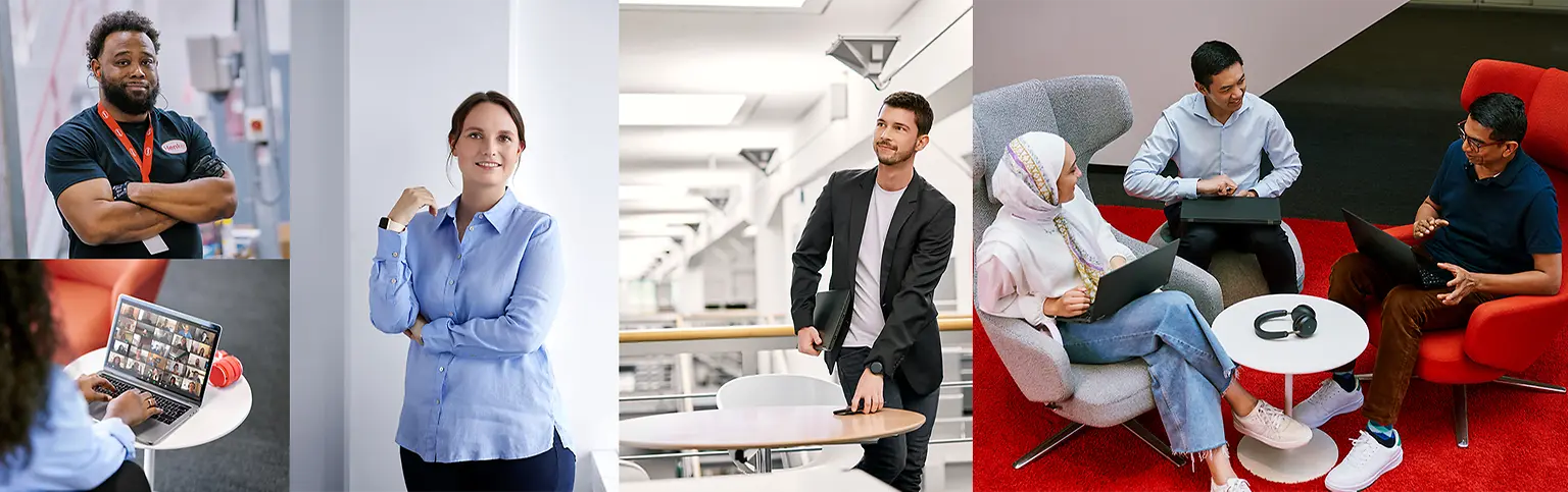 A collage of diverse people, both male and female, shown in various settings including portraits, working at desks, and collaborating in teams.
